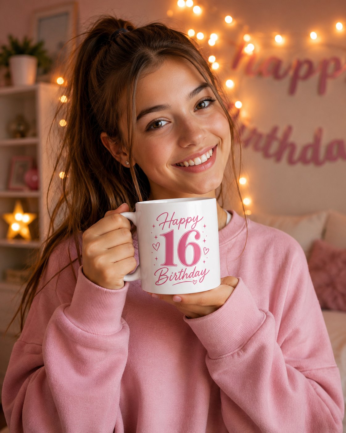Girl smiling with the Happy 16th Birthday mug under fairy lights - birthday gift Canada