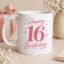 Happy 16th Birthday mug styled with pink ribbon and flowers - sweet 16 ceramic mug