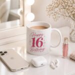 Happy 16th Birthday mug on a vanity with phone and perfume - teen birthday gift GTA