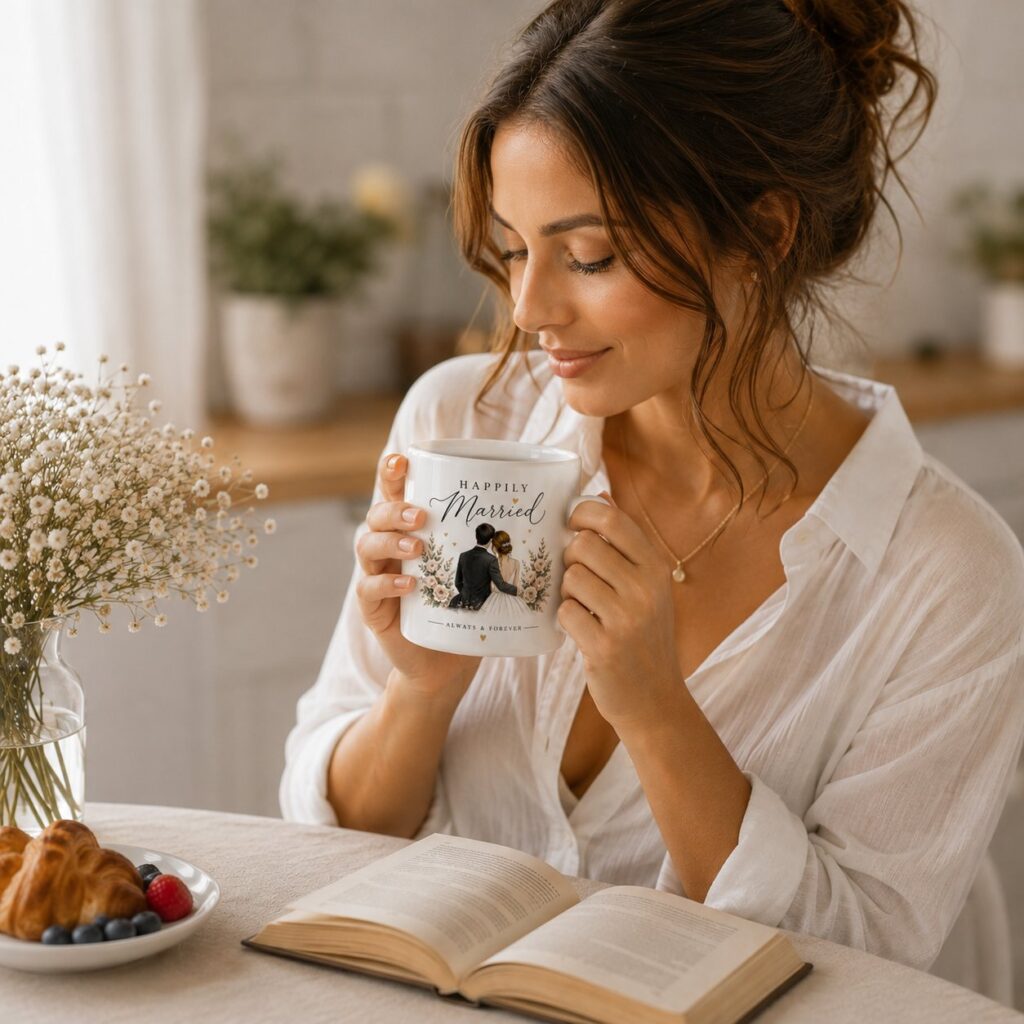 Woman drinking from the Happily Married ceramic mug at breakfast - wedding gift Canada