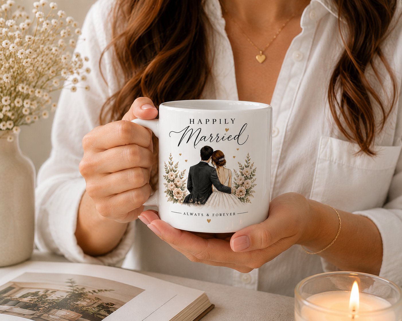 Woman holding the Happily Married wedding mug - newlywed gift mug Toronto