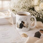 Happily Married mug beside a wedding invitation and rings - wedding day gift GTA