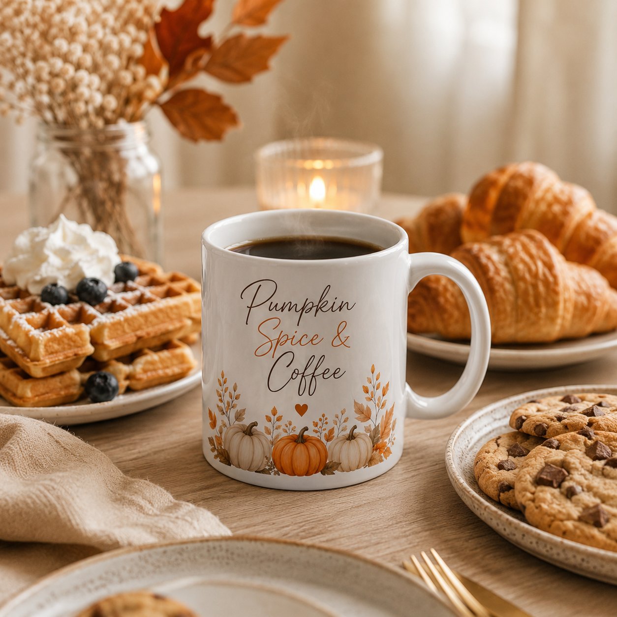 Pumpkin Spice & Coffee mug with waffles, croissants and cookies - autumn breakfast table