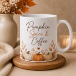 Pumpkin Spice & Coffee mug on a wooden coaster - fall ceramic mug Toronto