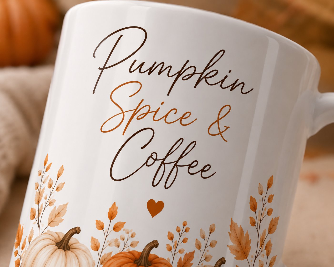 Pumpkin Spice & Coffee mug design close-up - cream and orange watercolour pumpkins