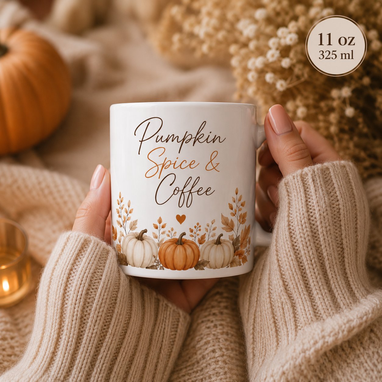 Pumpkin Spice & Coffee mug held in a cream knit sweater - cozy autumn mug Canada