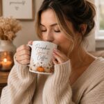 Woman drinking from the Pumpkin Spice & Coffee mug by candlelight - fall coffee mug