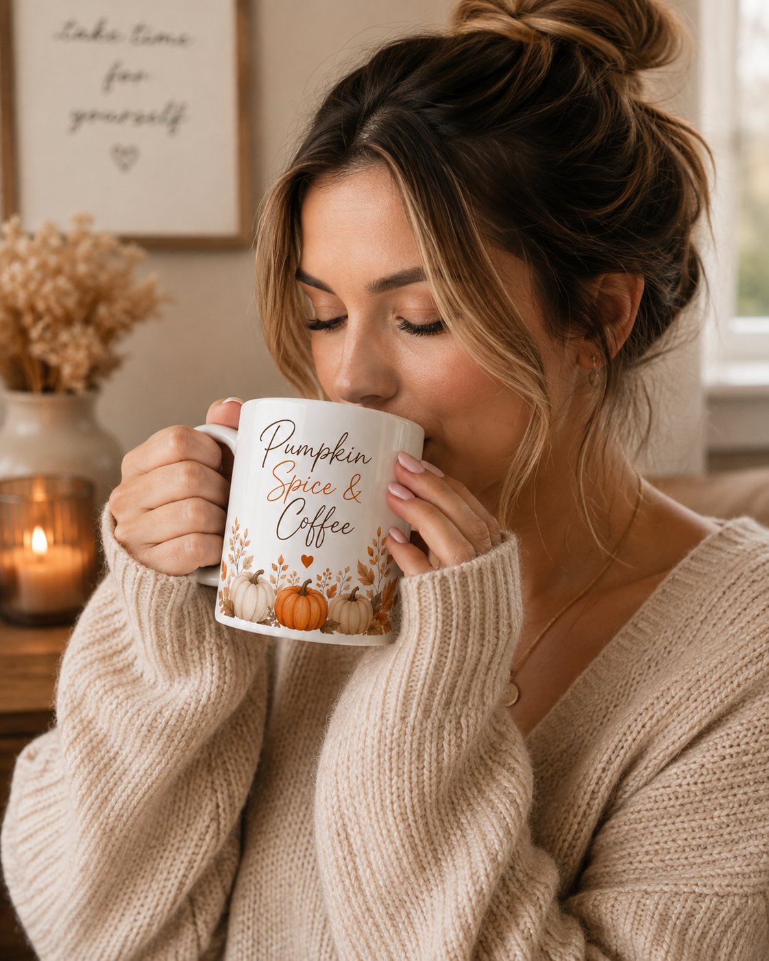 Woman drinking from the Pumpkin Spice & Coffee mug by candlelight - fall coffee mug