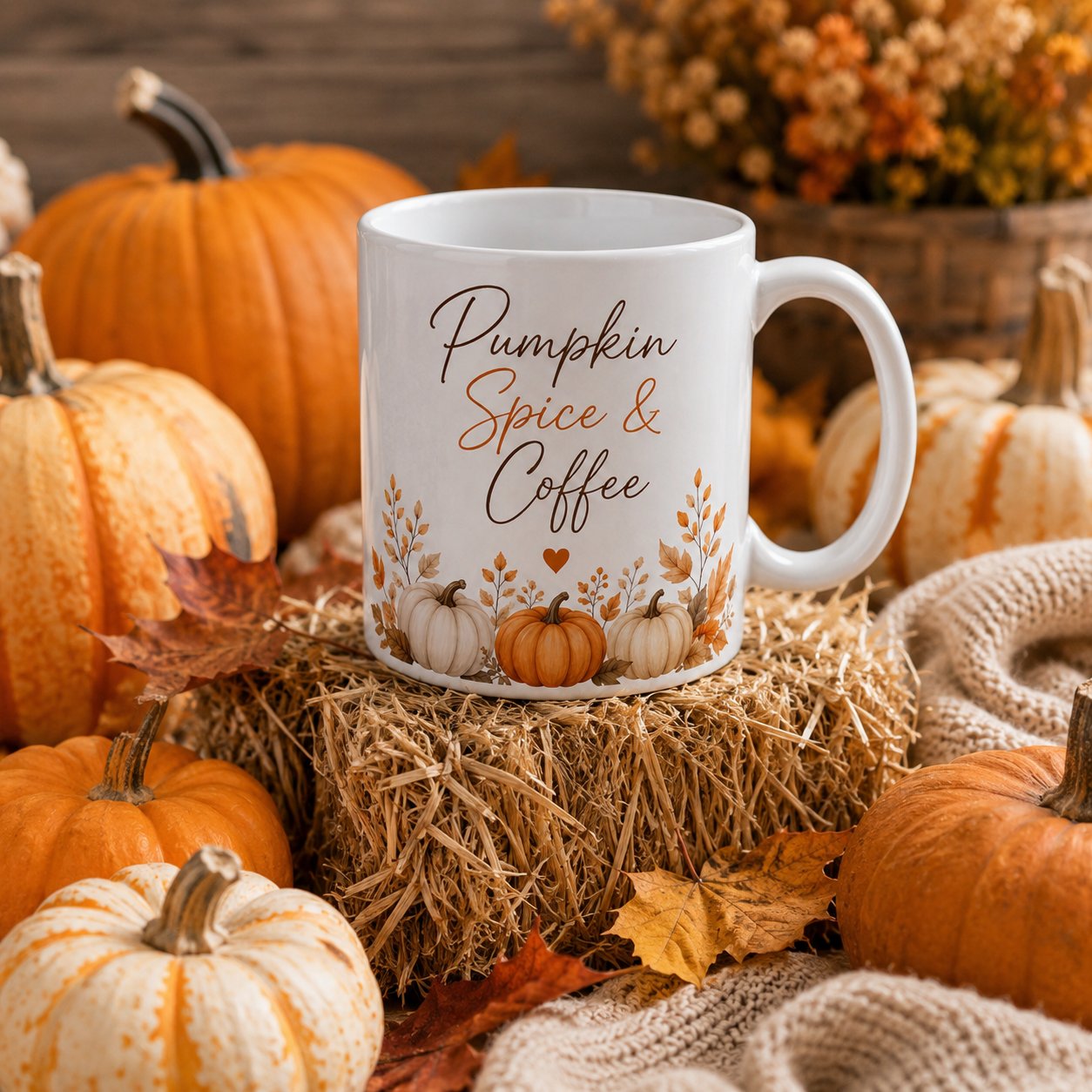 Pumpkin Spice & Coffee mug surrounded by real pumpkins and hay - seasonal mug Toronto