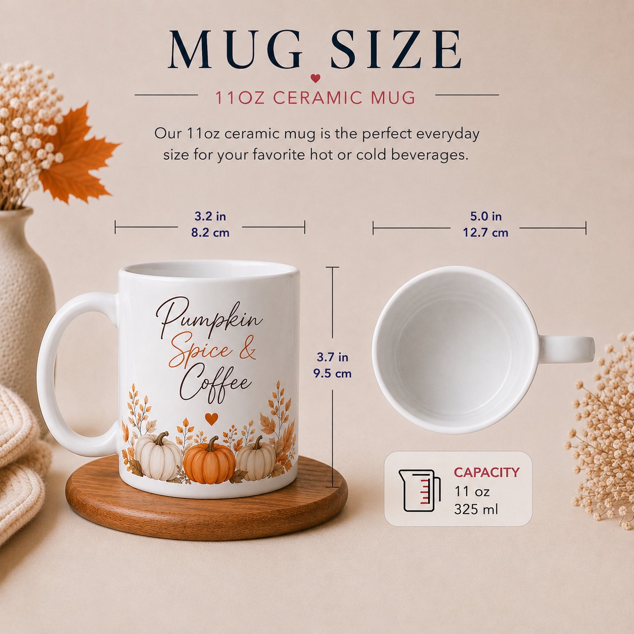 Pumpkin Spice & Coffee 11oz ceramic mug size guide - 9.5cm tall, 325ml capacity