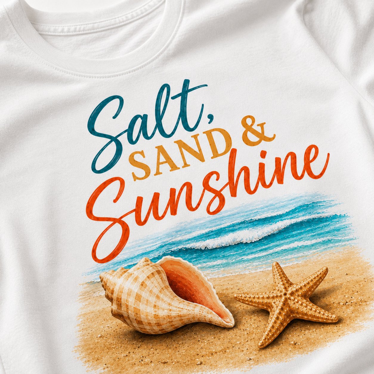 salt-sand-and-sunshine-top-design-closeup Salt Sand & Sunshine tee design close-up - conch shell, starfish and turquoise surf