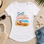salt-sand-and-sunshine-top-flatlay Salt Sand & Sunshine tee flat lay with a straw hat, sunglasses and denim shorts