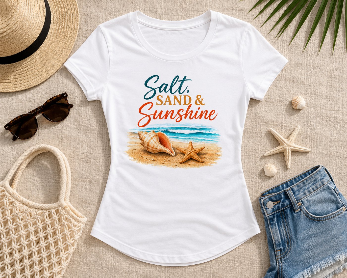 salt-sand-and-sunshine-top-flatlay Salt Sand & Sunshine tee flat lay with a straw hat, sunglasses and denim shorts