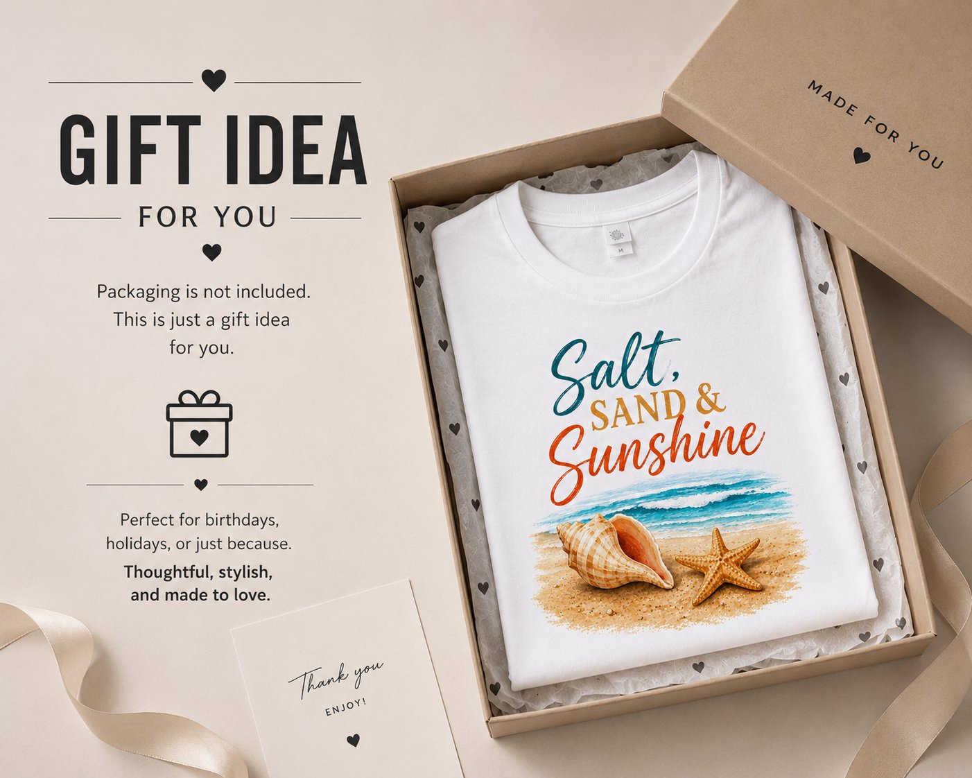 salt-sand-and-sunshine-top-gift-idea Salt Sand & Sunshine tee folded in a gift box - summer gift idea, packaging not included
