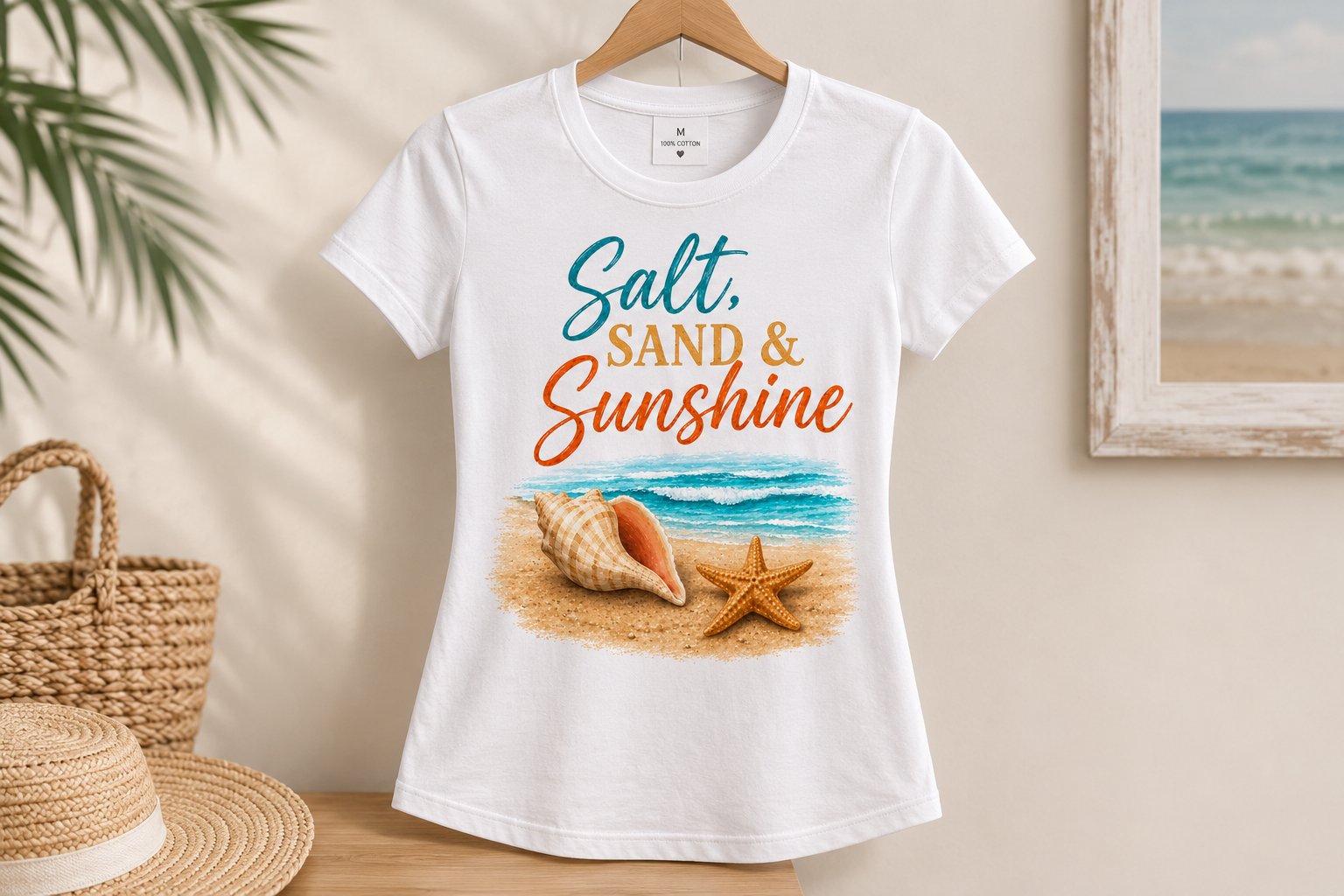 salt-sand-and-sunshine-top-hanger Salt Sand & Sunshine fitted women's beach tee on a hanger