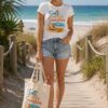 Woman in the Salt Sand & Sunshine tee carrying the matching canvas tote bag