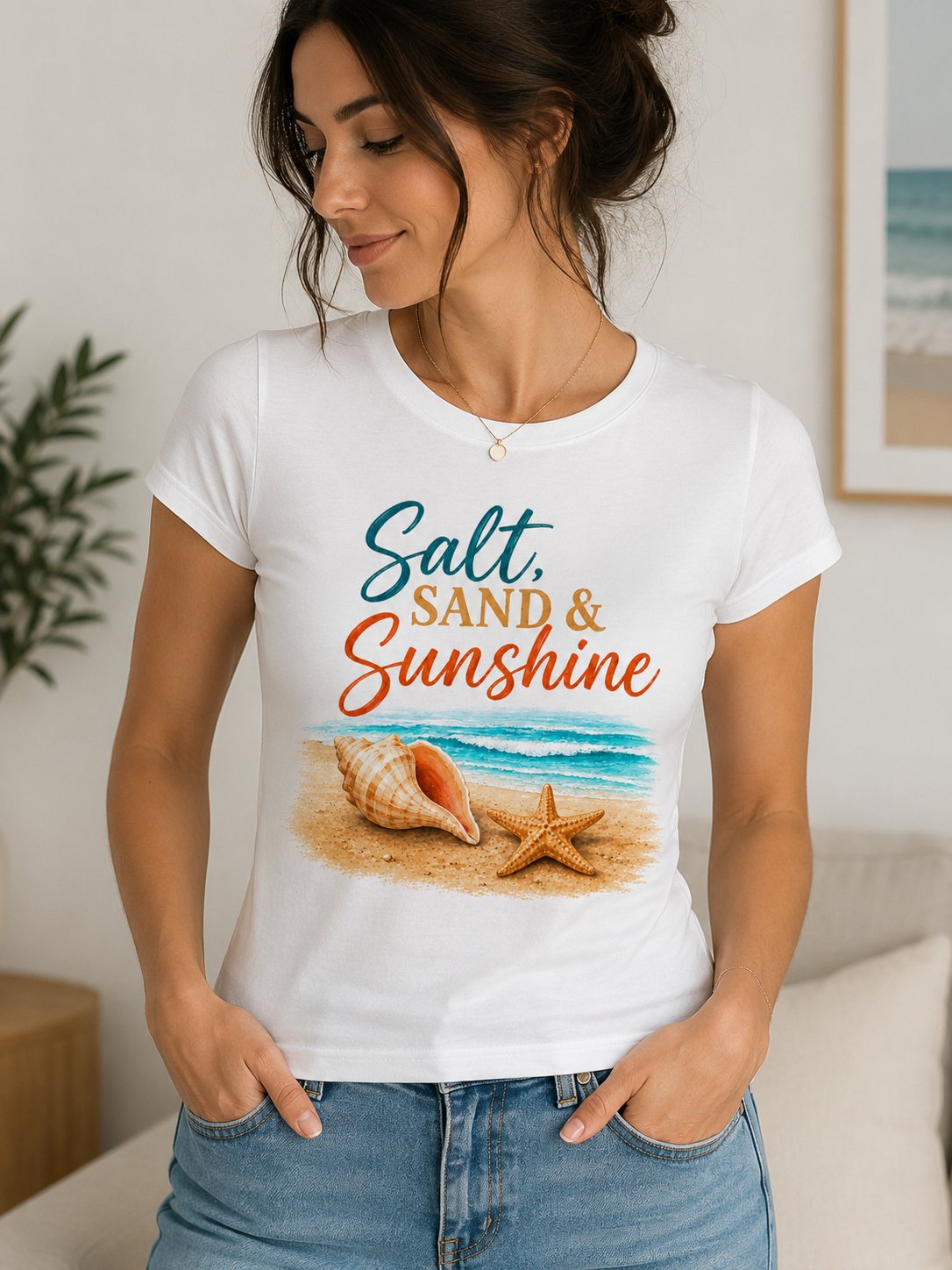 salt-sand-and-sunshine-top-model-portrait Woman wearing the Salt Sand & Sunshine fitted beach tee - women's summer graphic top