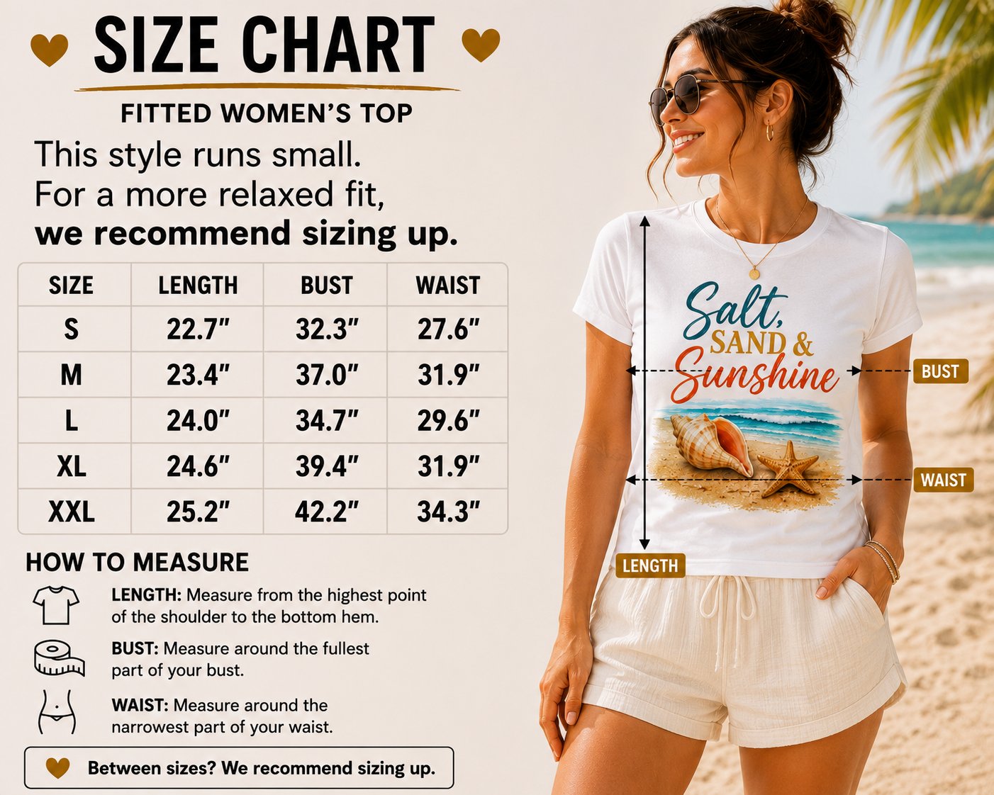 salt-sand-and-sunshine-top-size-chart Salt Sand & Sunshine fitted women's top size chart - S to XXL length, bust and waist