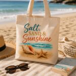 salt-sand-and-sunshine-tote-bag-beach-flatlay Salt Sand & Sunshine tote on the sand with a straw hat, sunglasses and a book