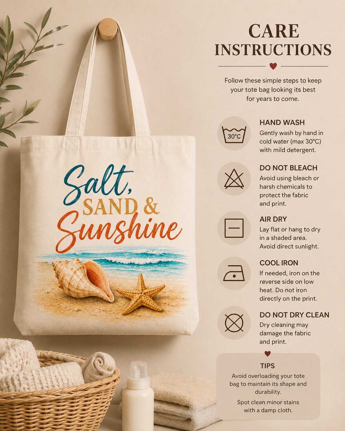 salt-sand-and-sunshine-tote-bag-care-instructions Salt Sand & Sunshine tote care instructions - hand wash cold, dry in shade, do not bleach