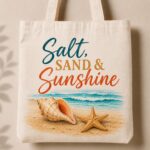 salt-sand-and-sunshine-tote-bag-design-closeup Salt Sand & Sunshine tote design close-up - conch shell, starfish and turquoise surf