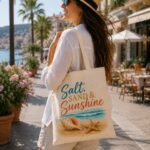 salt-sand-and-sunshine-tote-bag-model-street Woman carrying the Salt Sand & Sunshine canvas tote on a palm-lined promenade