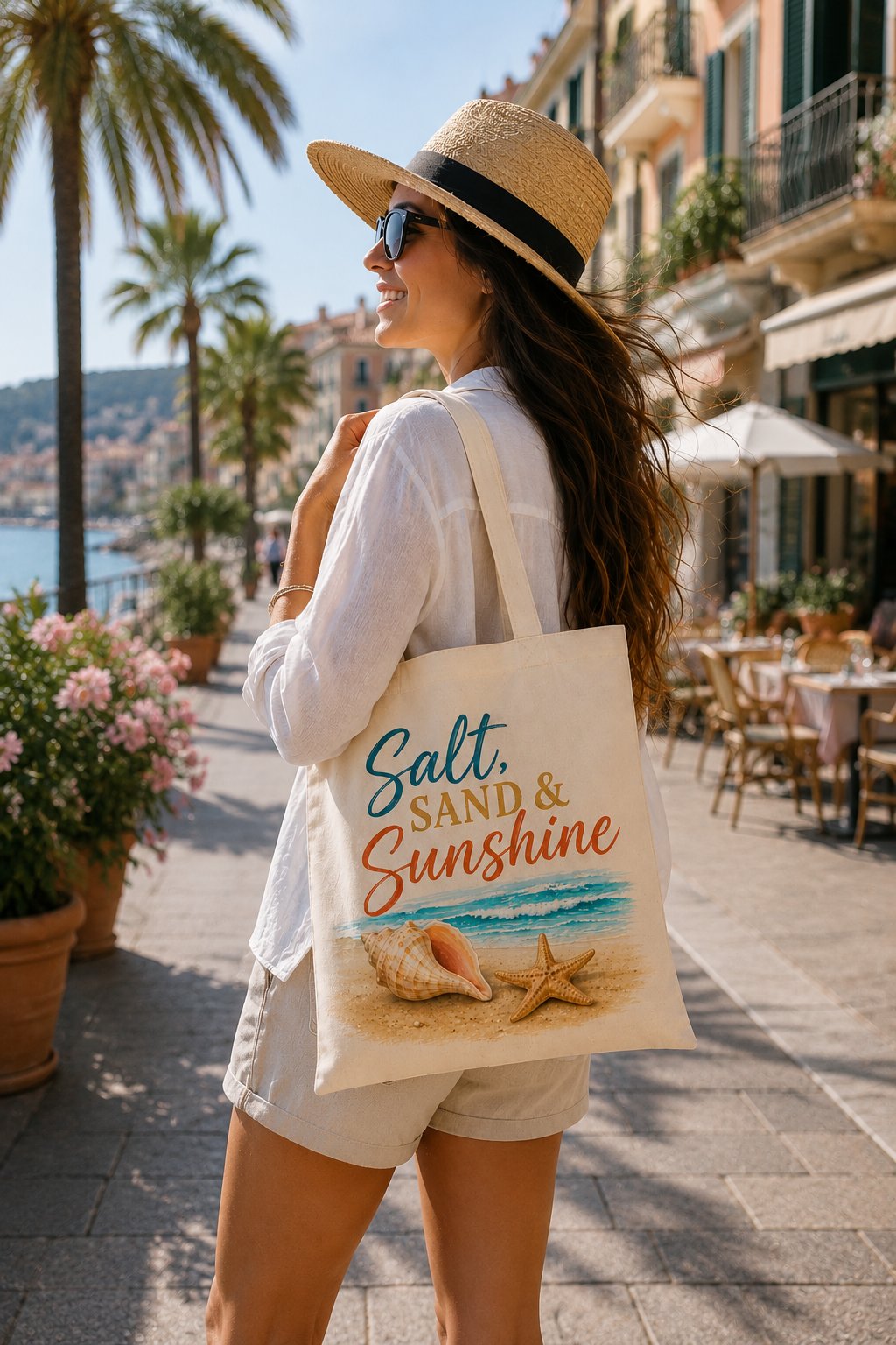 salt-sand-and-sunshine-tote-bag-model-street Woman carrying the Salt Sand & Sunshine canvas tote on a palm-lined promenade