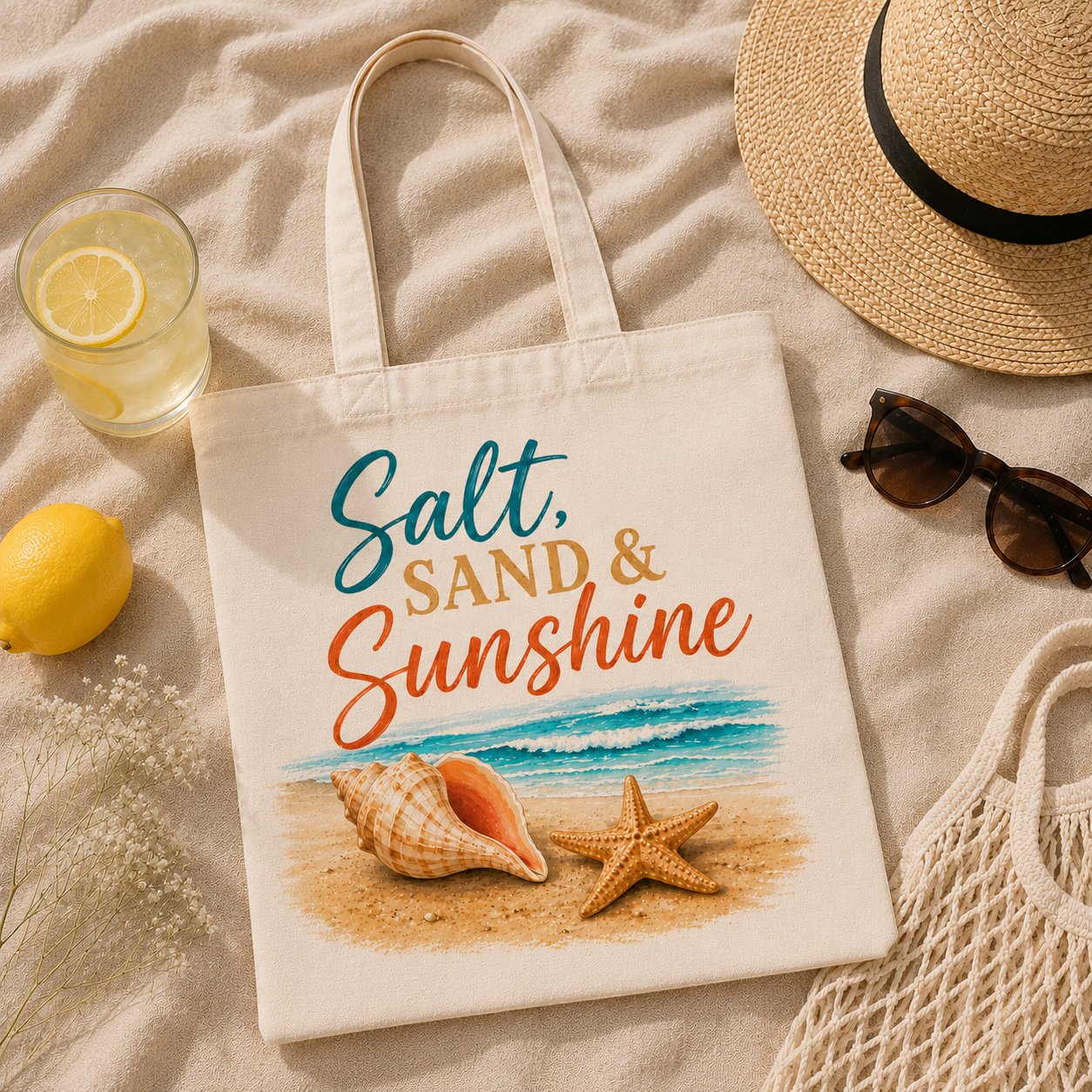 salt-sand-and-sunshine-tote-bag-summer-flatlay Salt Sand & Sunshine tote flat lay with lemonade, a straw hat and a mesh bag