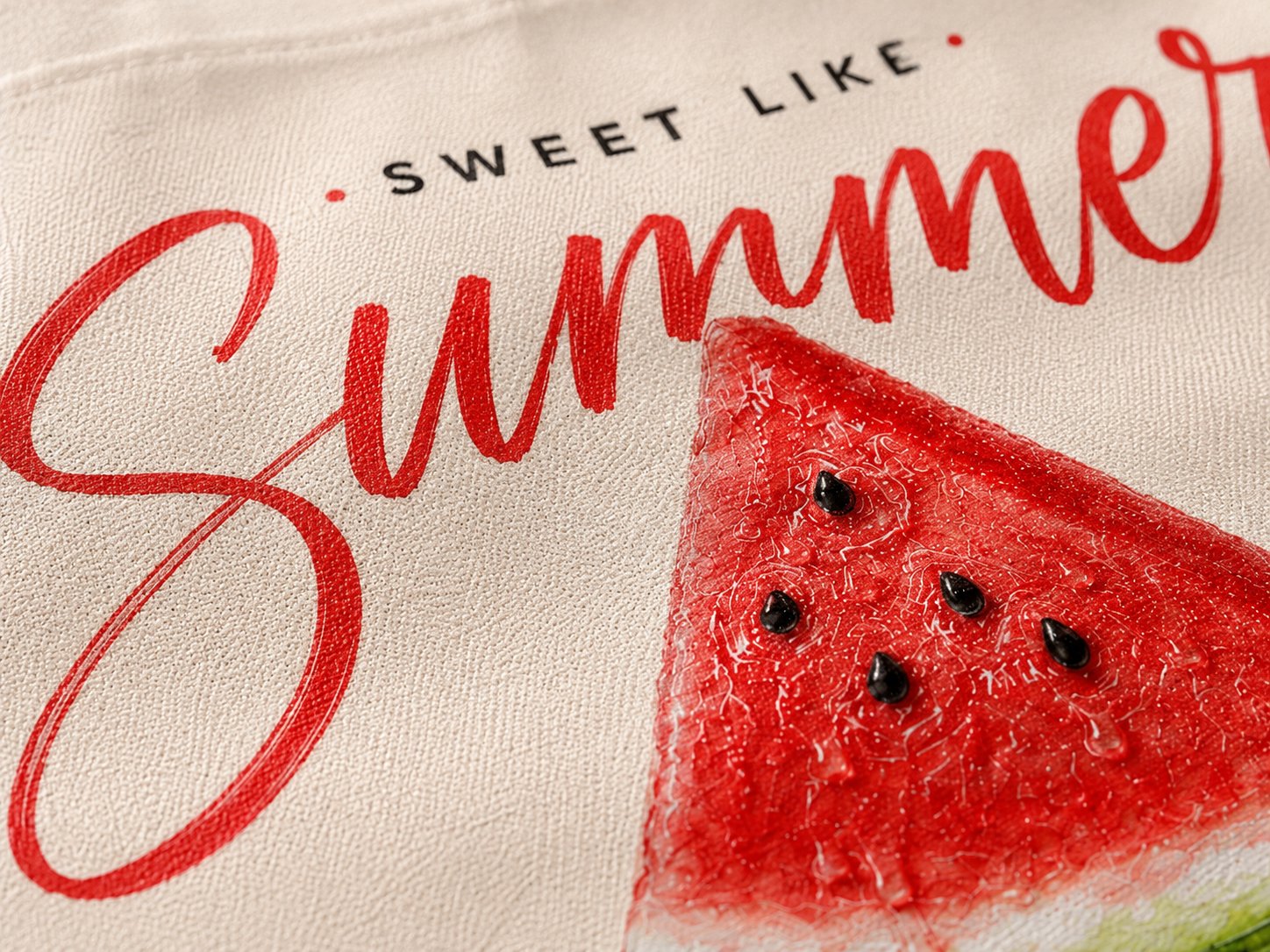 Sweet Like Summer tote design close-up on cotton canvas weave - watermelon popsicle
