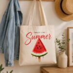 Sweet Like Summer tote bag hanging on a hook with a denim jacket and straw hat
