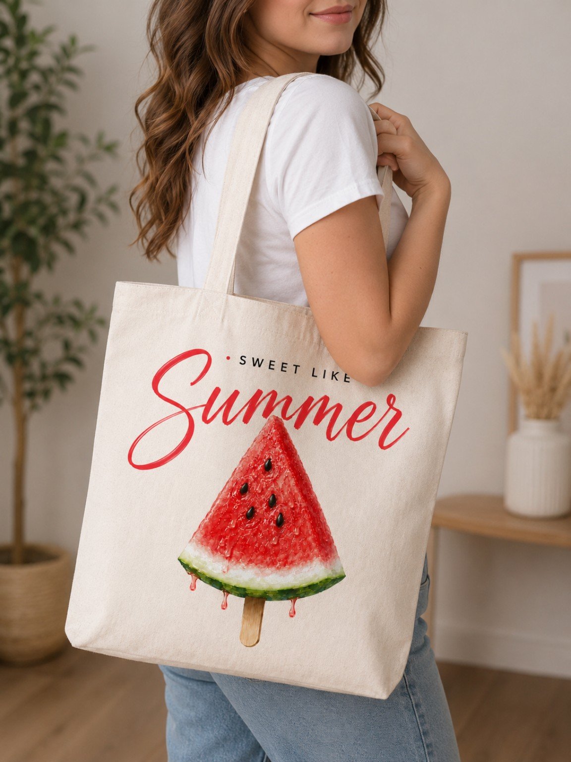 Woman carrying the Sweet Like Summer watermelon tote on her shoulder