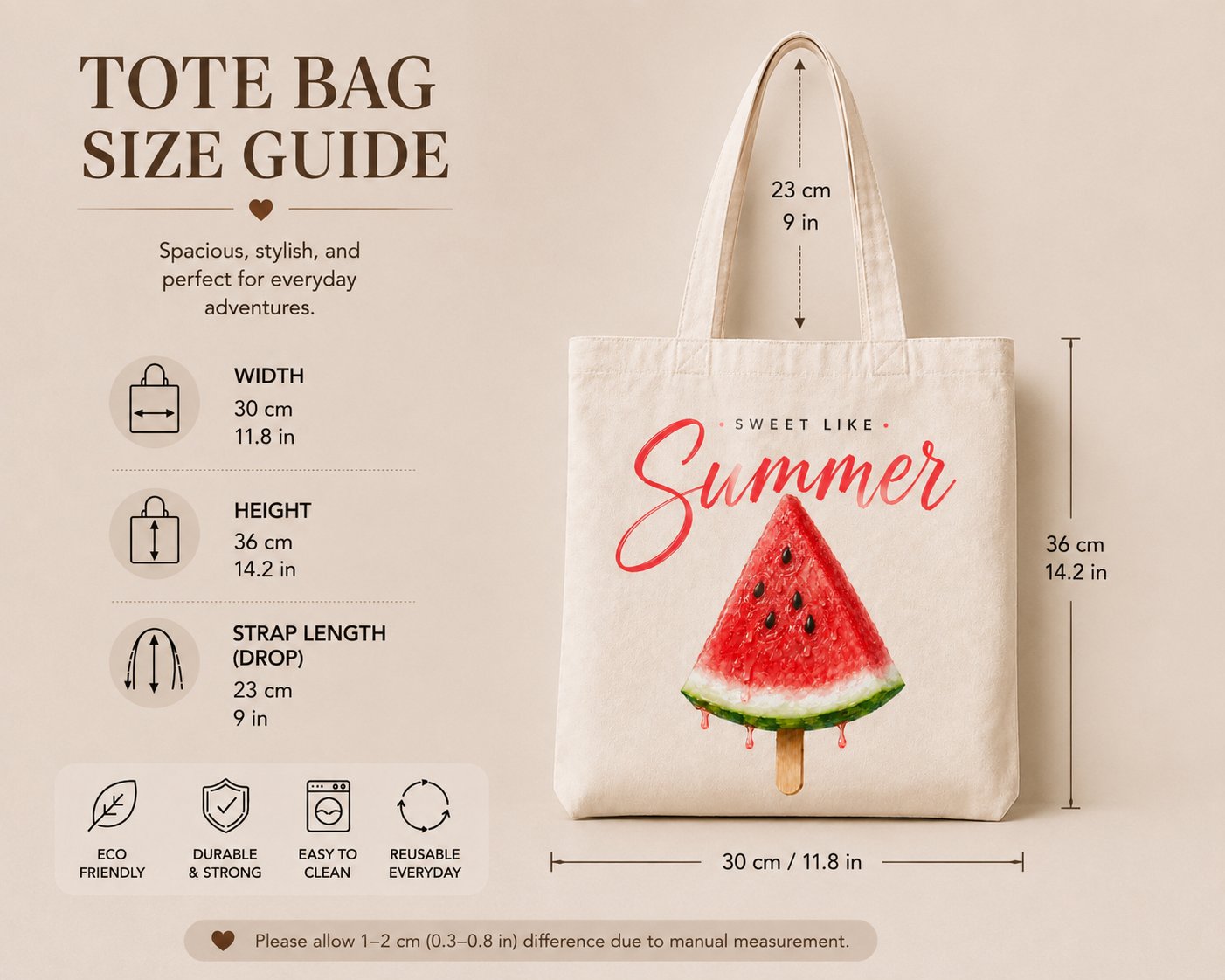 Sweet Like Summer tote bag size guide - 30cm wide, 36cm tall, 23cm strap drop