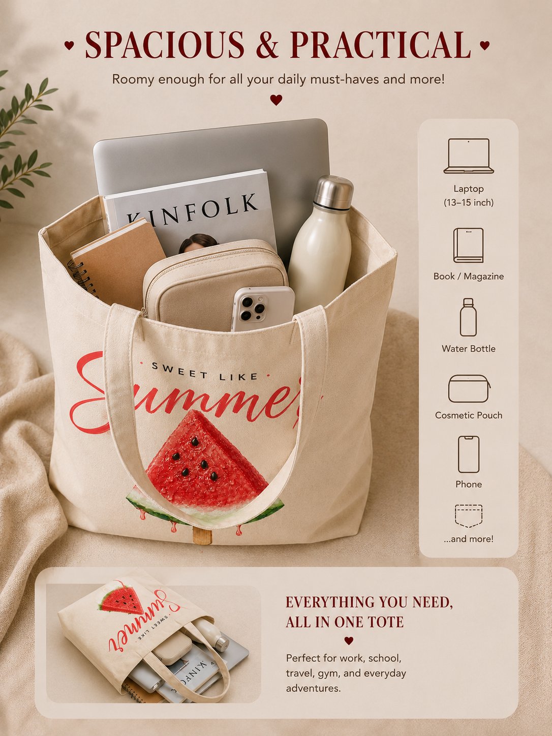 Sweet Like Summer tote capacity - fits a laptop, book, water bottle and pouch