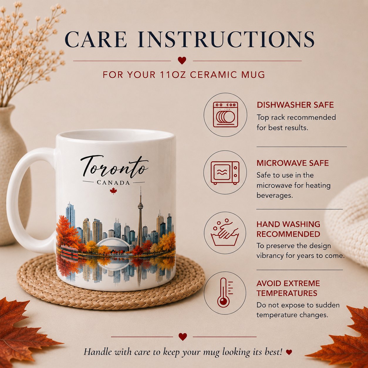 Toronto Canada mug care instructions - dishwasher and microwave safe, hand wash recommended