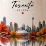 Toronto Canada mug design close-up - CN Tower, autumn maples and waterfront reflection