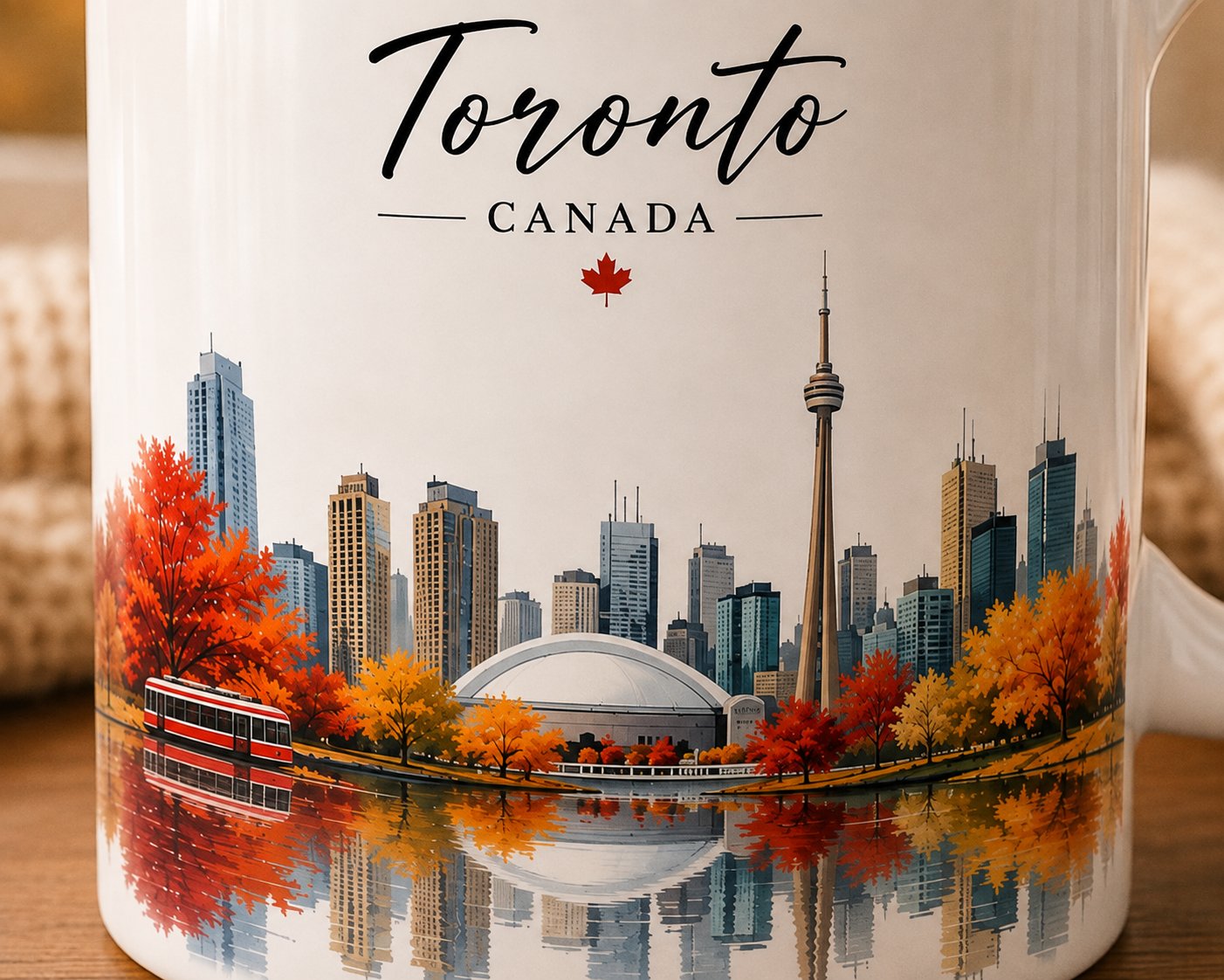 Toronto Canada mug design close-up - CN Tower, autumn maples and waterfront reflection