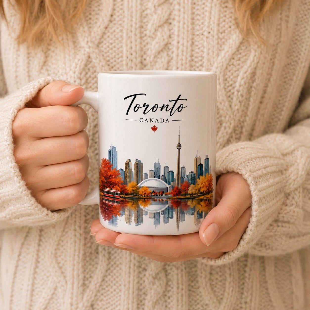 Toronto Canada mug held in a knit sweater - CN Tower skyline ceramic mug GTA