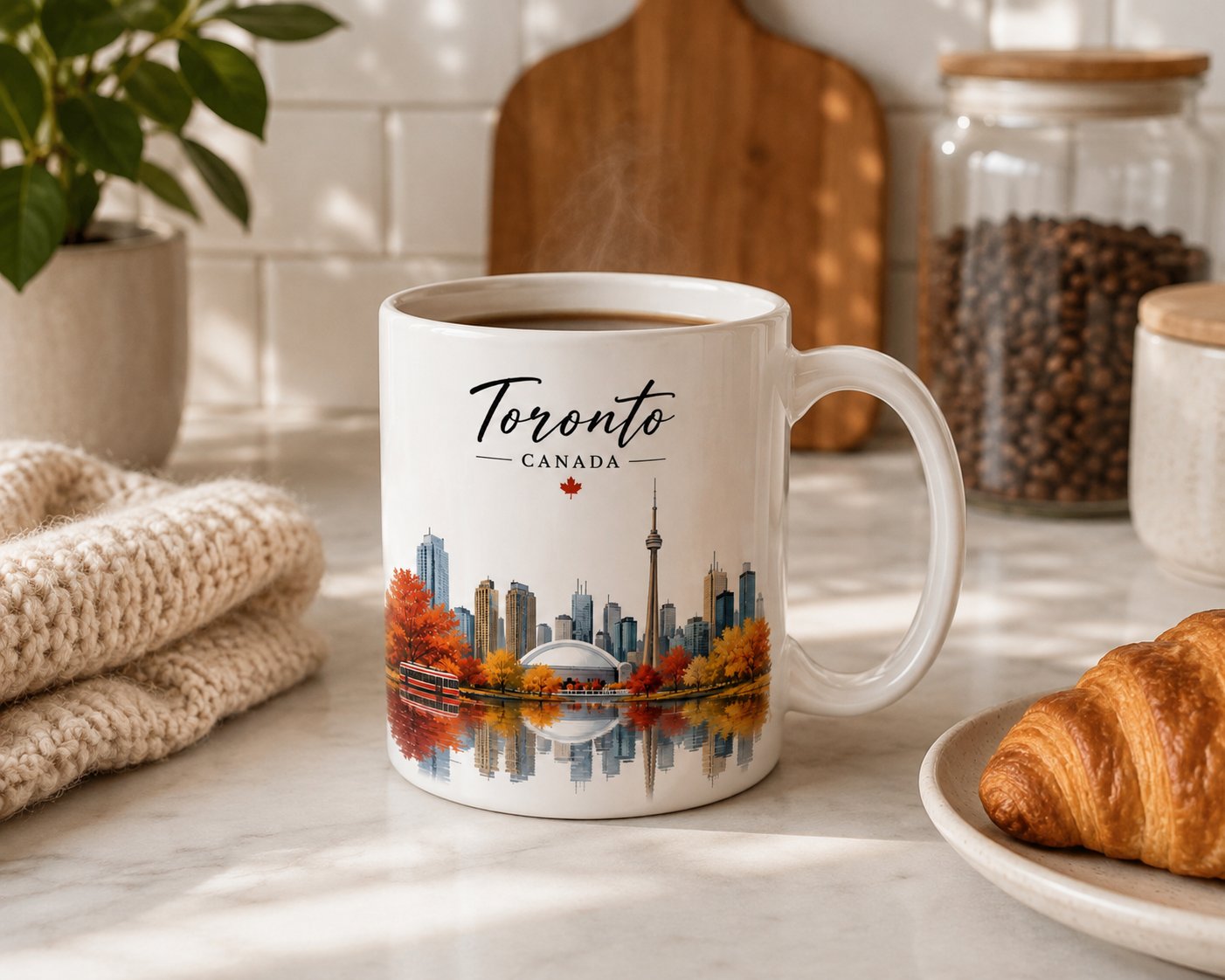Toronto Canada mug in a bright kitchen with coffee jars - everyday skyline mug