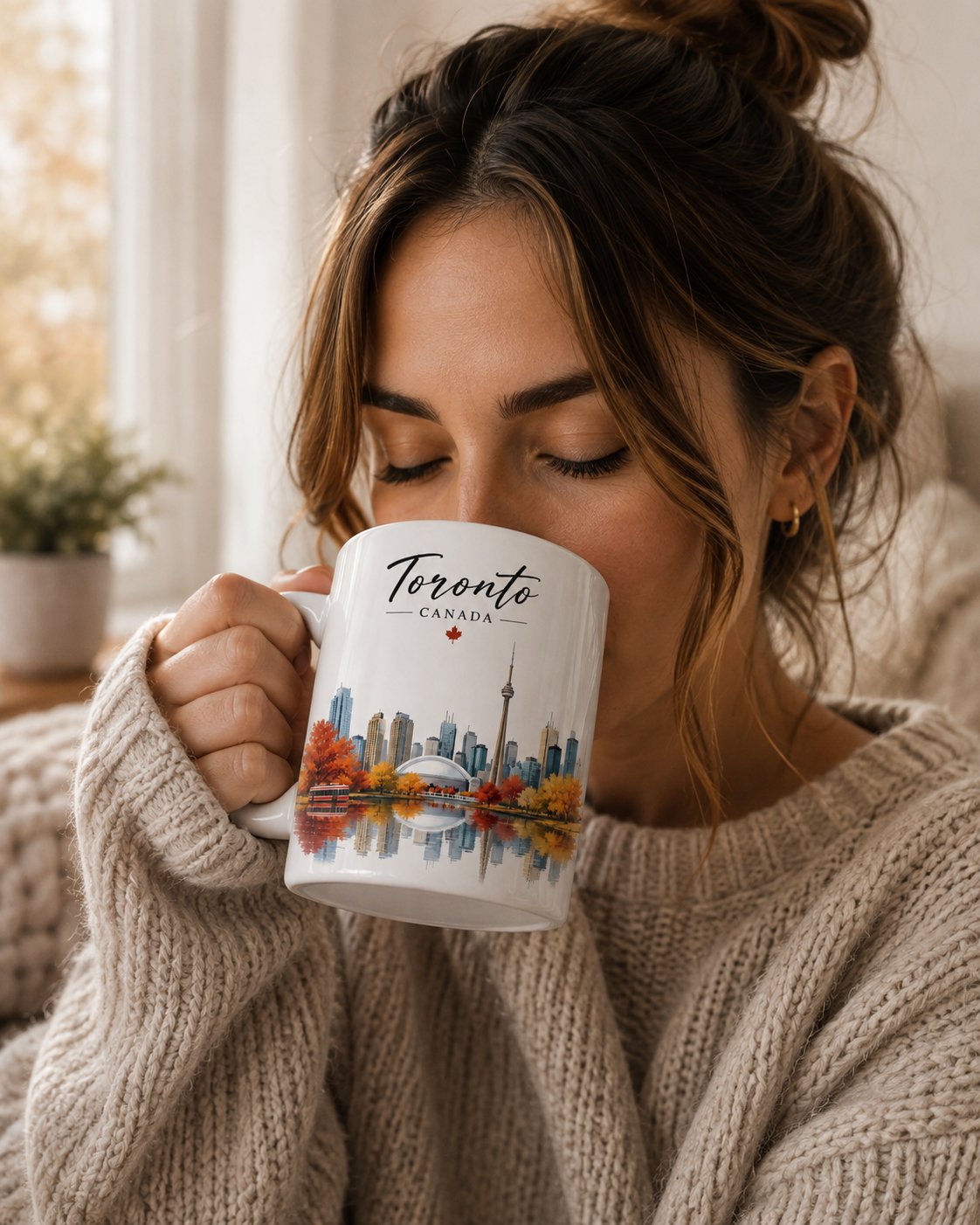 Woman drinking from the Toronto Canada skyline mug - Toronto gift mug