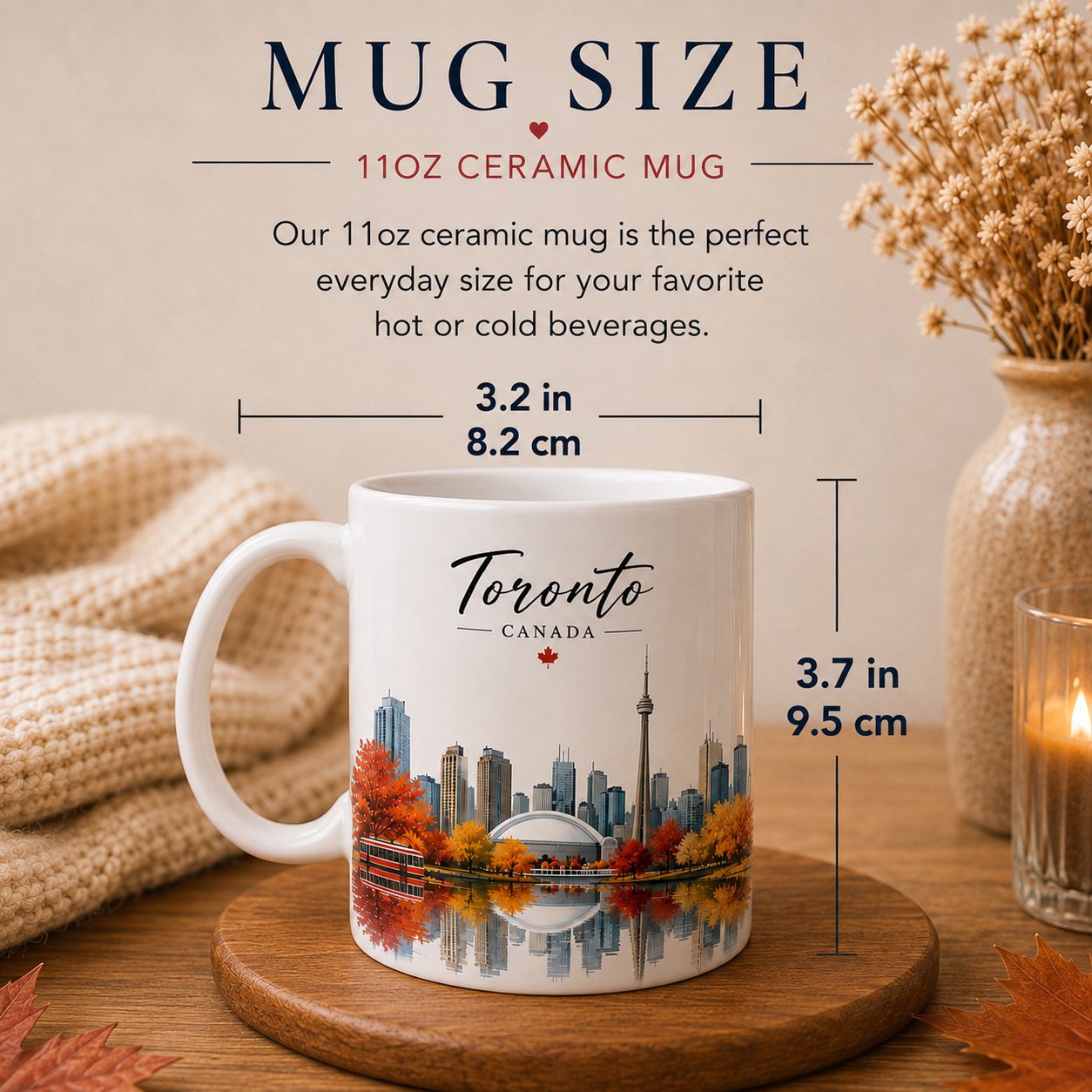 Toronto Canada 11oz ceramic mug size guide - 9.5cm tall, 325ml capacity
