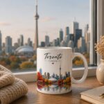 Toronto Canada mug on a windowsill with the real Toronto skyline behind it