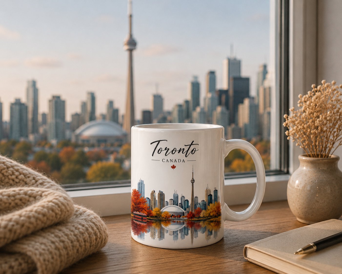 Toronto Canada mug on a windowsill with the real Toronto skyline behind it