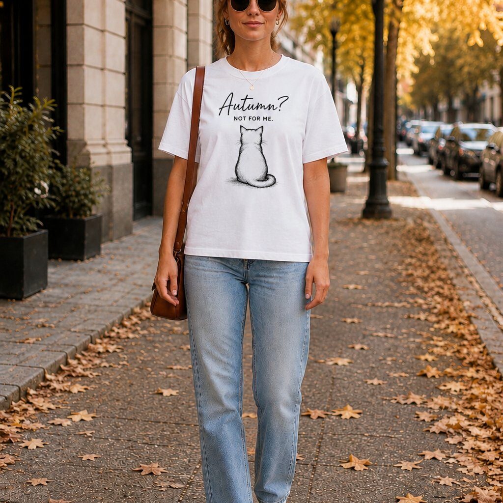 Woman wearing the Autumn Not For Me cat t-shirt on a leaf-covered street - funny cat tee - PrintMyVibe Toronto