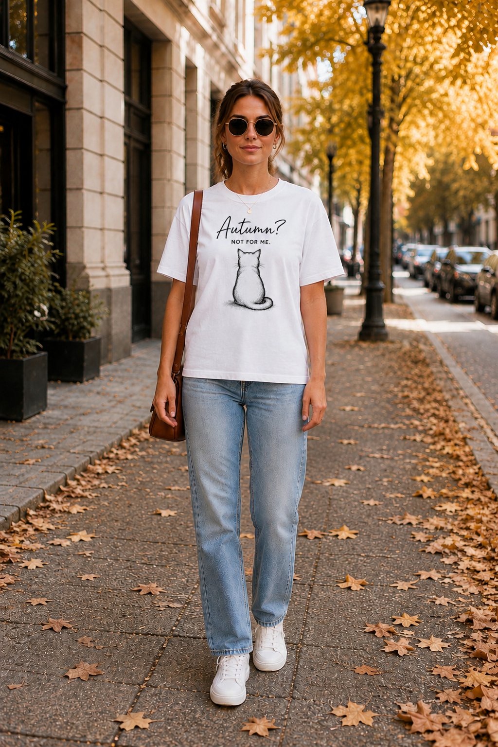 Woman wearing the Autumn Not For Me cat t-shirt on a leaf-covered street - funny cat tee - PrintMyVibe Toronto