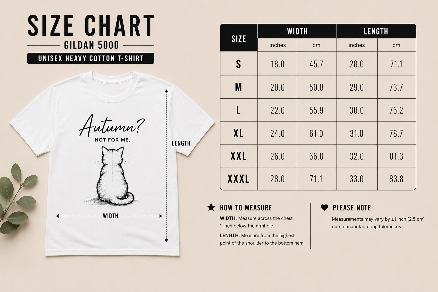 Autumn Not For Me t-shirt size guide - unisex heavy cotton tee measurements in inches and centimetres