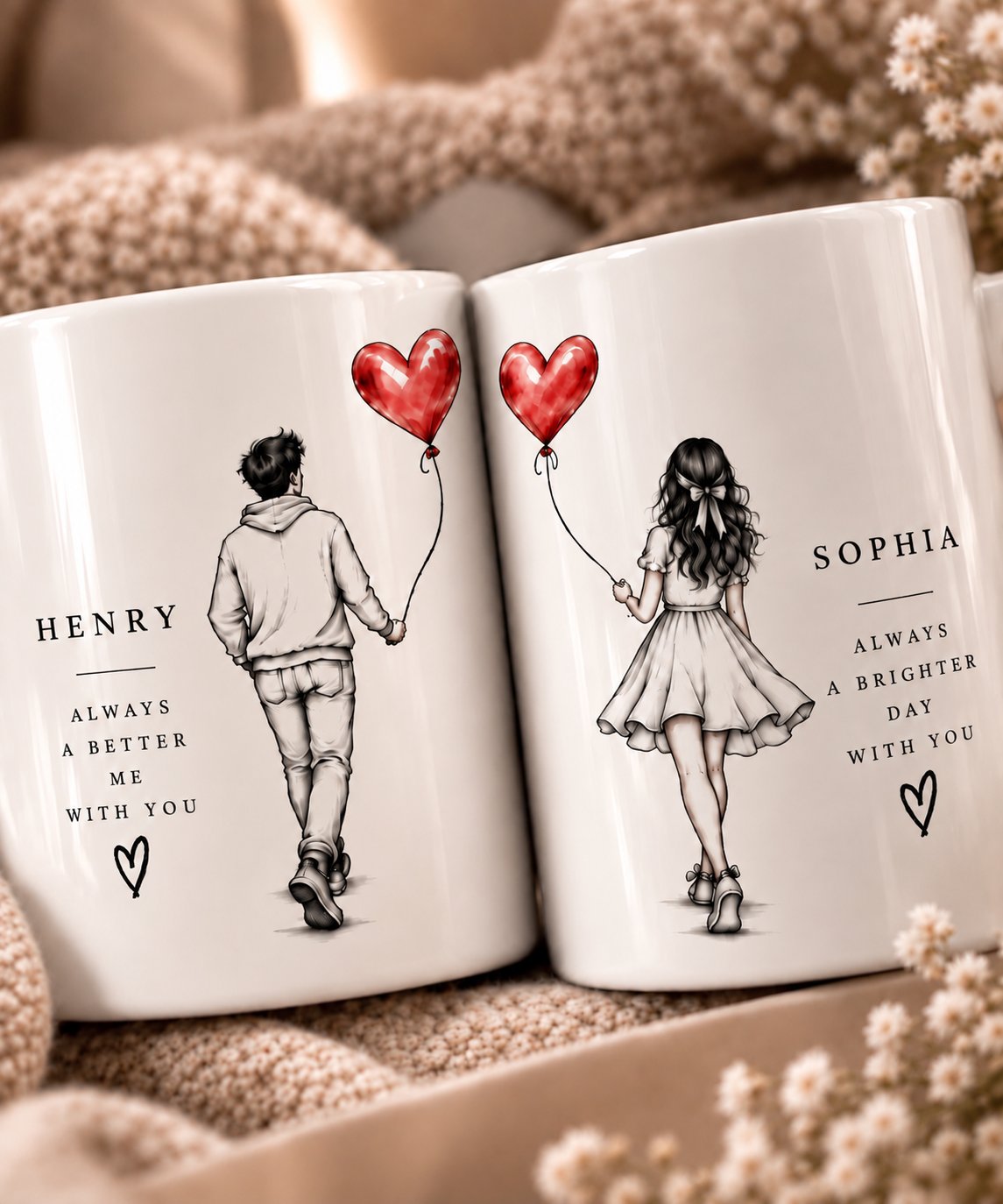 Better Together personalized mug set styled with cozy blanket and flowers