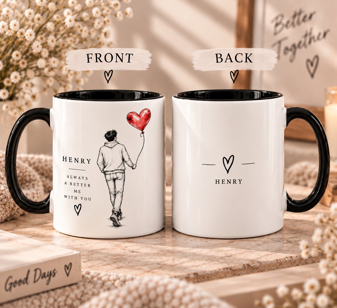 Better Together personalized mug front and back - Henry heart balloon design - PrintMyVibe