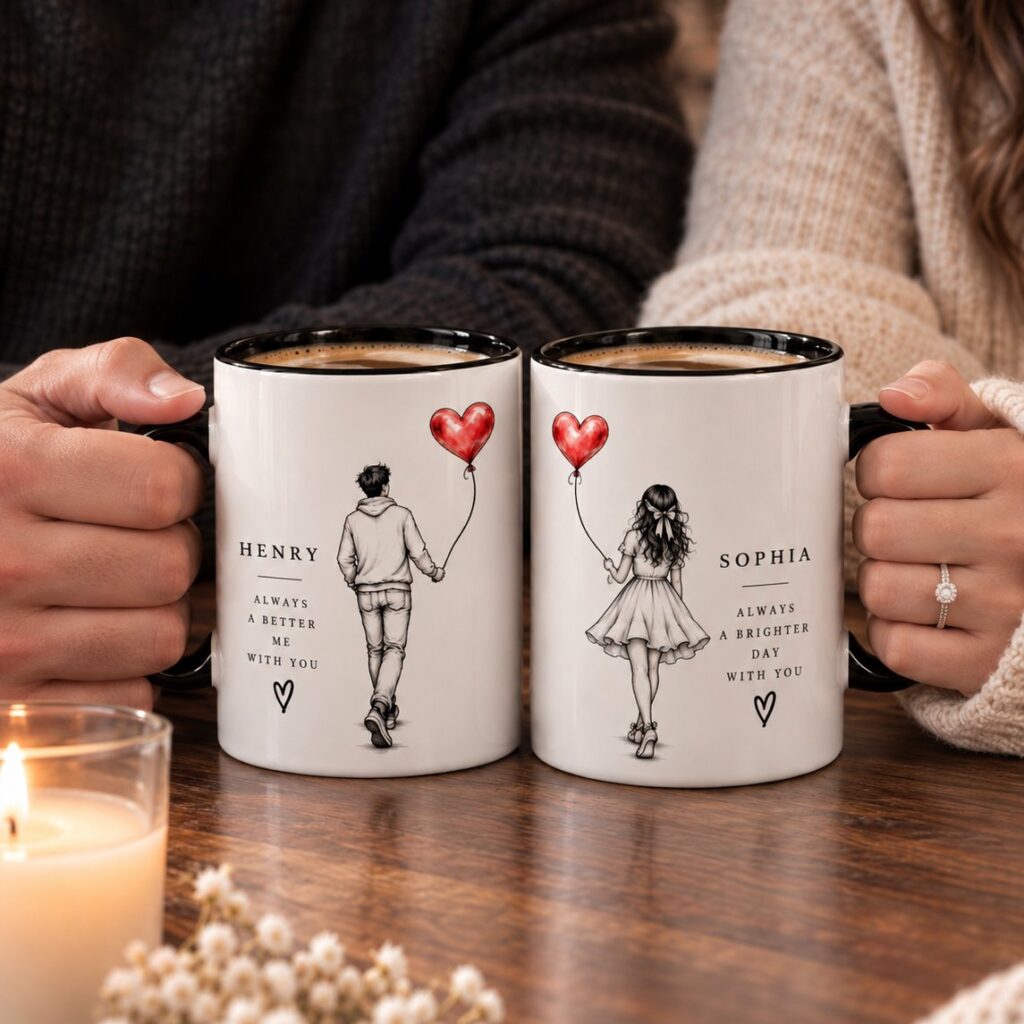Couple holding personalized Better Together mugs - Henry and Sophia heart balloon design