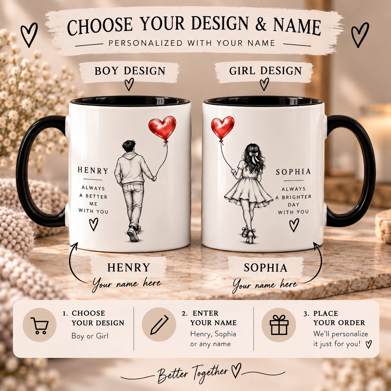 Better Together mug personalization guide - choose boy or girl design and enter your name