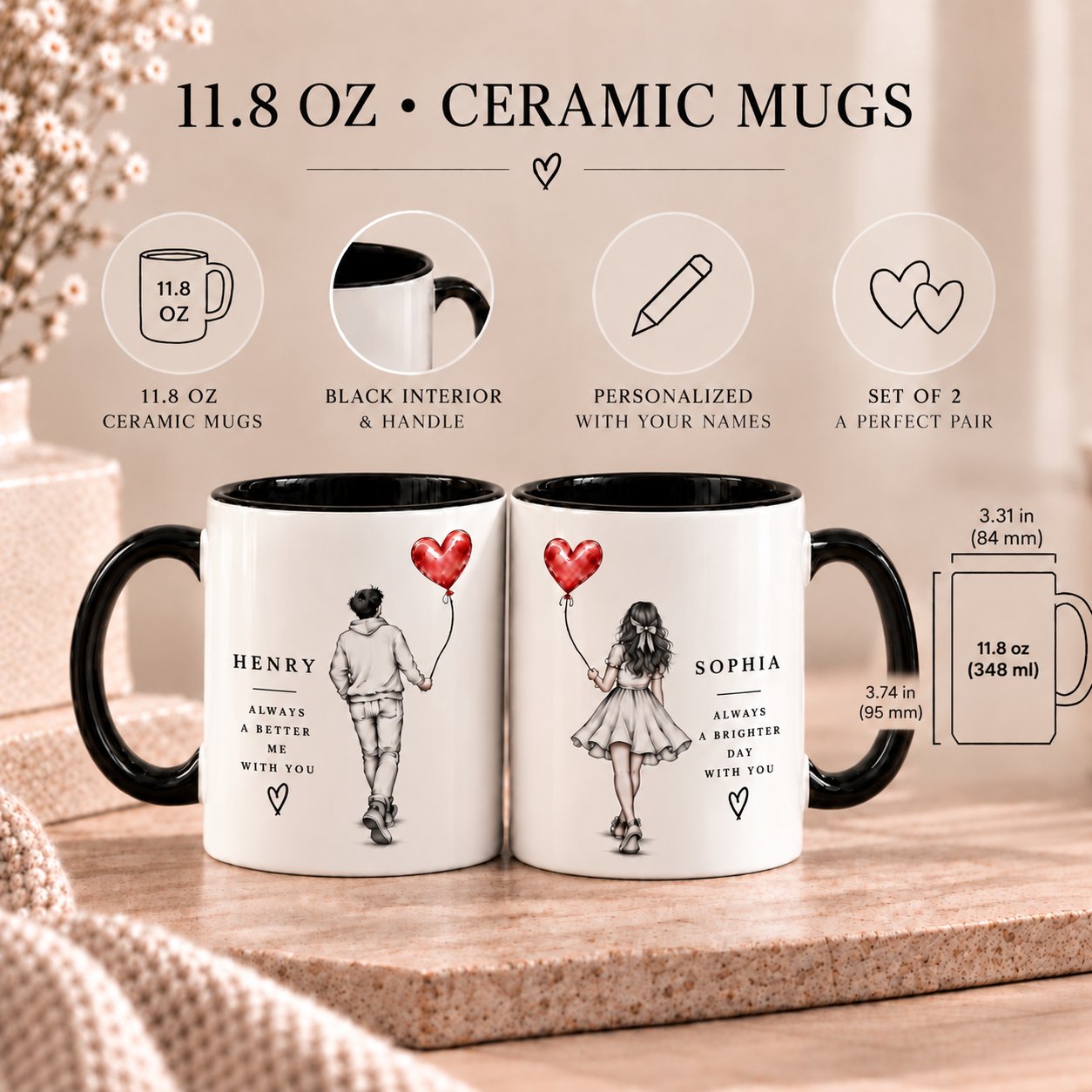 Better Together 11.8oz personalized ceramic mug set size guide - 348ml capacity, set of 2
